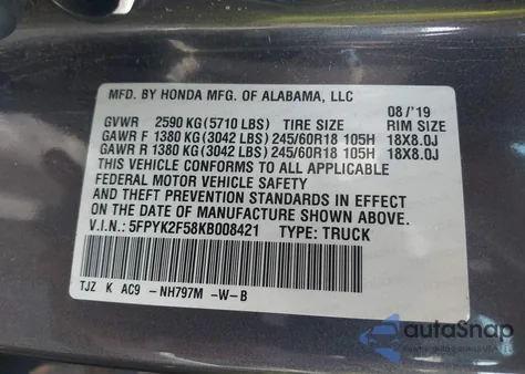 2019 Honda Ridgeline Rtl from USA, damaged, VIN 5FPYK2F58KB008421